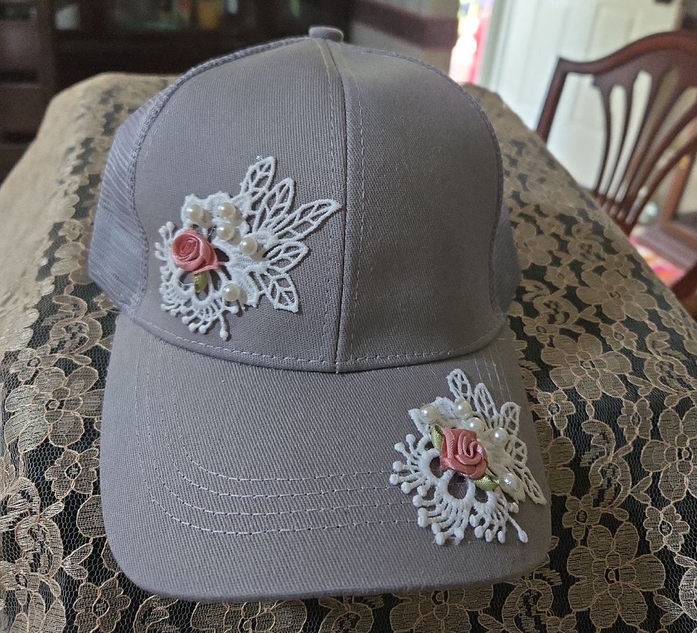 Gray Floral Embroidered Cap